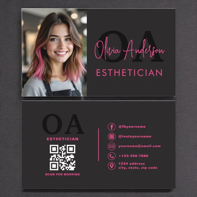 Carte De Visite Photo Esthétique QR Code Hot rose noir (Créateur téléchargé)