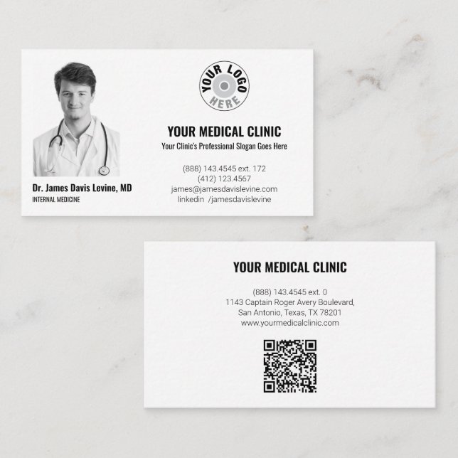 Carte De Visite Photo et logo de médecin professionnel, code QR  (Devant / Derrière)