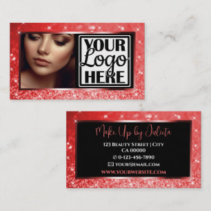 Carte De Visite Photo et logo de Strike Red Sparkle Parties scinti