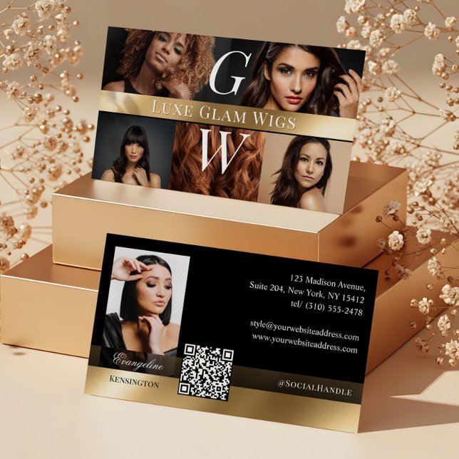 Carte De Visite Photo Glam Professionnel Perruque Monogramme Noir  (Photo Glam Professional Wig Monogram Black Gold Business Card)