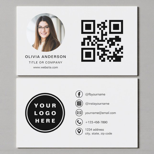 Carte De Visite Photo gris avec code QR pour les médias sociaux (Créateur téléchargé)