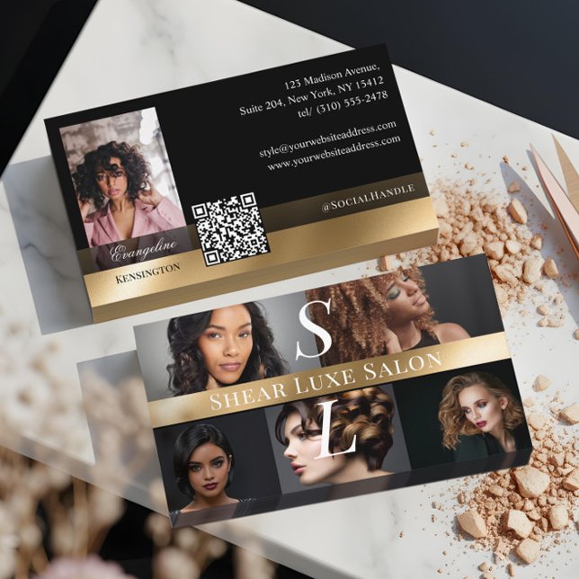 Carte De Visite Photo Hair Salon Stylist Luxe Monogram Black Gold (Photo Hair Salon Stylist Luxe Monogram Black Gold Business Card)