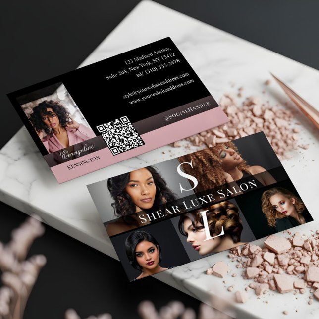 Carte De Visite Photo Hair Salon Stylist Luxe Monogram Black Pink (Photo Hair Salon Stylist Luxe Monogram Black Pink Business Card)