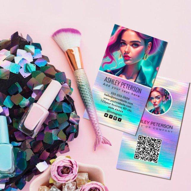 Carte De Visite Photo Holographique Rainbow QR Code | Médias socia ( A simple and professional way to introduce your business.  A perfect for makeup artist,illustrator,)