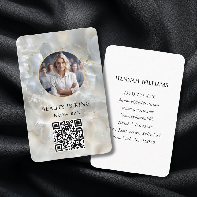Carte De Visite Photo, Marbre, Argent Blanc, Salon, Code QR (Photo, Marble, White-Silver, Salon, QR-Code Business Card)