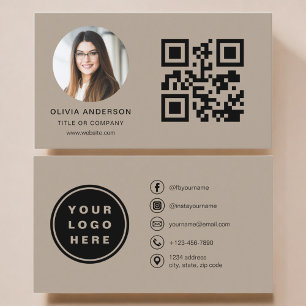 Carte De Visite Photo Marron Mocha avec Code QR Réseaux Sociaux
