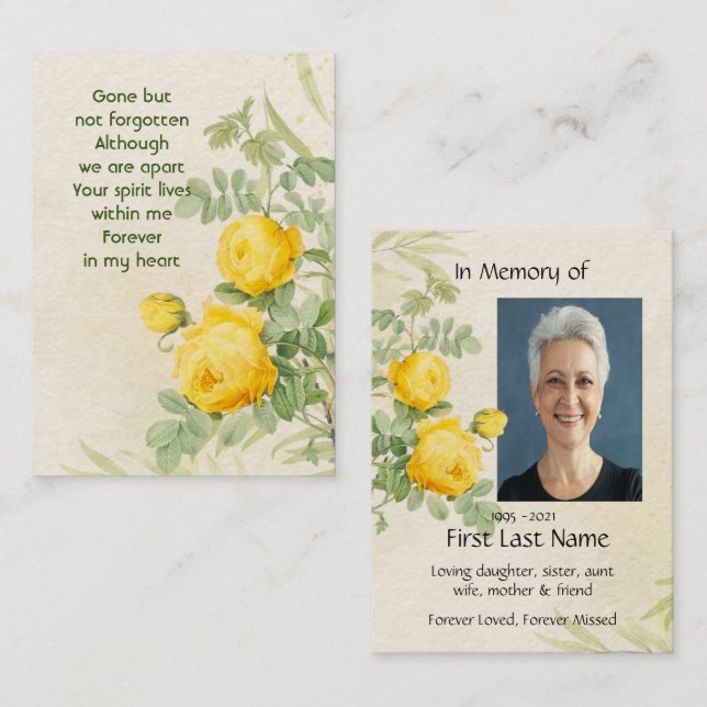 Carte De Visite Photo Mémorial Roses Jaunes Fleurs de Jardin (Devant / Derrière)