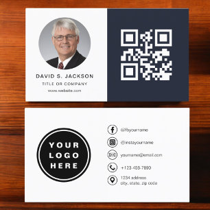 Carte De Visite Photo minimaliste bleu marine Code QR Médias socia