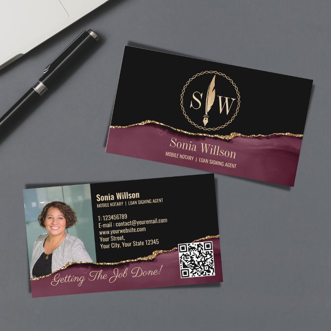 Carte De Visite Photo Mobile Prêt Notaire Signer Monogramme QR Cod (burgundy and black marble notary logo stamp)