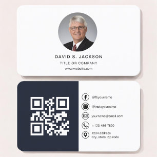 Carte De Visite Photo moderne bleu marine avec code QR Médias soci