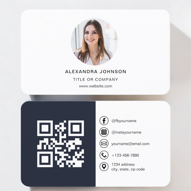 Carte De Visite Photo moderne bleu marine avec code QR Médias soci (Créateur téléchargé)