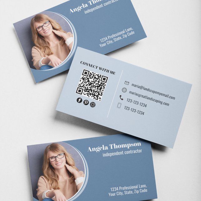 Carte De Visite Photo moderne Business Blue QR Code (Modern photo business card template. )
