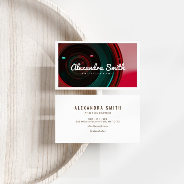Carte De Visite photo moderne caméra néon blanc script photo (Créateur téléchargé)