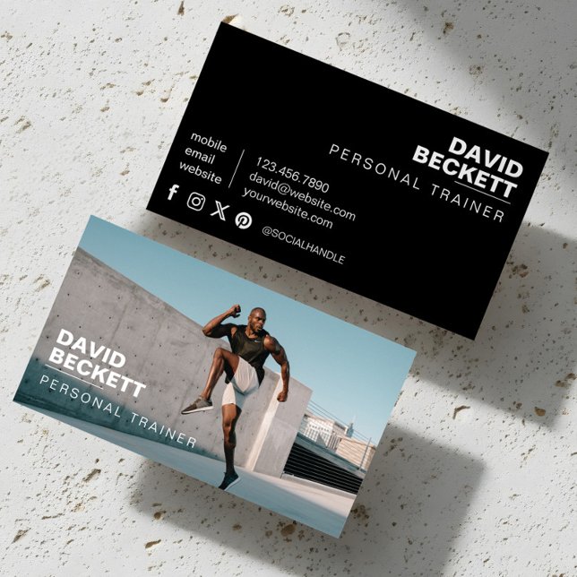 Carte De Visite Photo moderne et tendance de l'entraîneur personne (Modern & Trendy Personal Trainer Fitness Photo Business Card)
