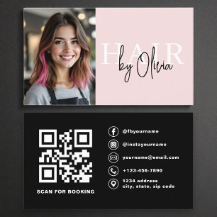 Carte De Visite Photo moderne QR Code Hair Stylliste Blush Pink