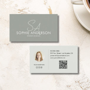 Carte De Visite Photo Monogramme moderne QR Sage Green Professiona