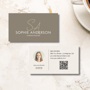 Carte De Visite Photo Monogramme moderne QR Taupe Professional