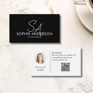 Carte De Visite Photo Monogramme personnalisée QR Black White Prof