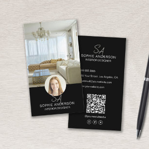 Carte De Visite Photo Monogramme QR Intérieur Designer Noir
