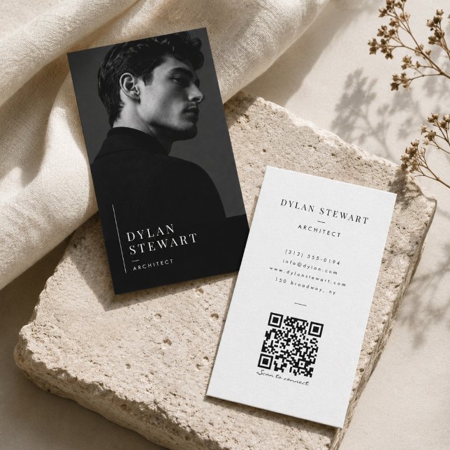 Carte de visite photo noir et blanc avec code QR (Créateur téléchargé)