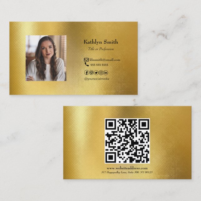 Carte De Visite Photo Or moderne QR Code Professionnel  (Devant / Derrière)
