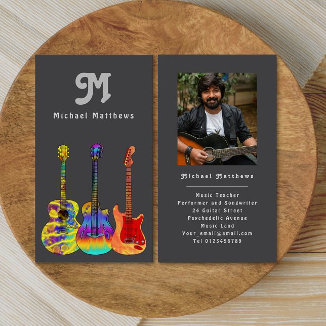 Carte de visite photo personnalisé de l'enseignant (Retro guitar music tutor custom photo business card)