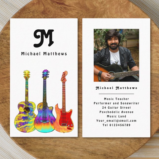 Carte de visite photo personnalisé de professeur d (Modern retro guitar music teacher professional musician photo black and white simple Business card )