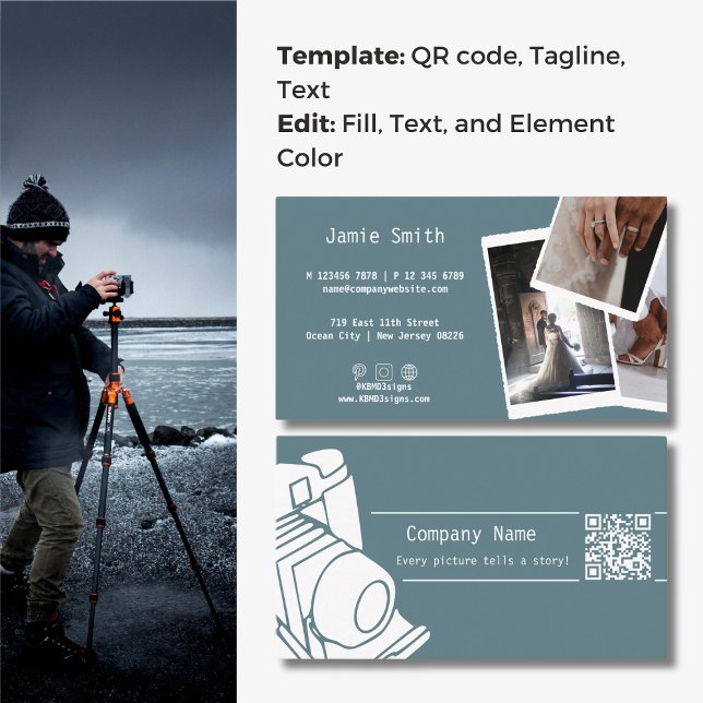 Carte De Visite Photo personnalisée Code QR Carrière Photographie  (Custom Photo QR code Career Photography Gray Blue Business Card, Photo Symbol, Tagline)