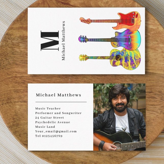 Carte De Visite Photo personnalisée de l'enseignant de guitare (Modern guitar music teacher professional musician photo Business card Colorful guitar art)