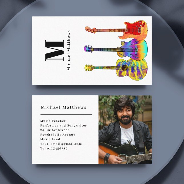 Carte De Visite Photo personnalisée de l'enseignant de guitare (Modern guitar teacher business card with custom photo template)