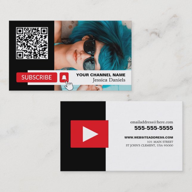 Carte De Visite Photo personnalisée et code QR, Youtube - Vlogger (Devant / Derrière)