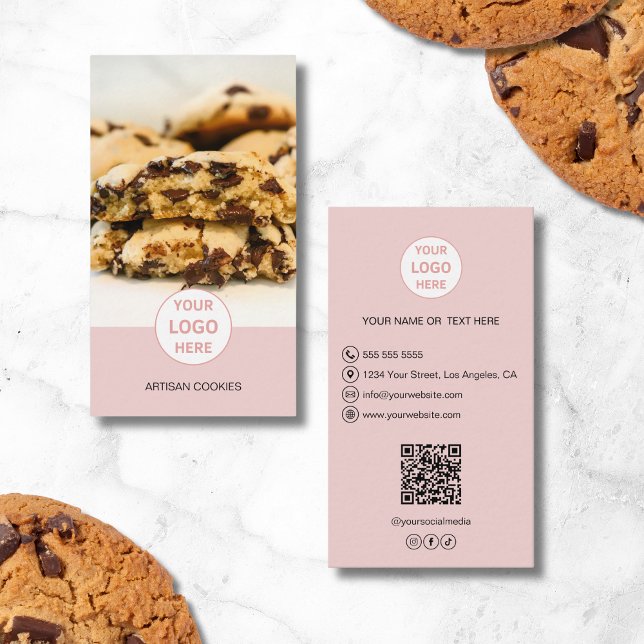 Carte De Visite Photo personnalisée Logo Boulangerie rose QR (Custom Photo Logo QR Pink Bakery Business Card)