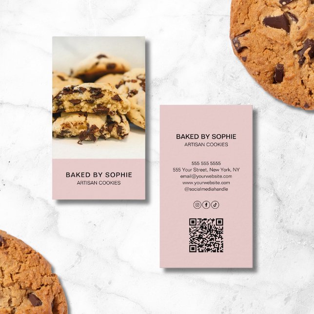 Carte De Visite Photo personnalisée QR Code Boulangerie rose (Custom Photo QR Code Pink Bakery Business Card)