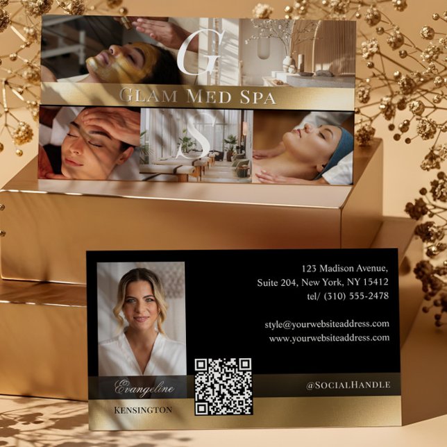 Carte De Visite Photo Professional Med Spa Monogramme Noir Or (Photo Professional Med Spa Monogram Black Gold Business Card)