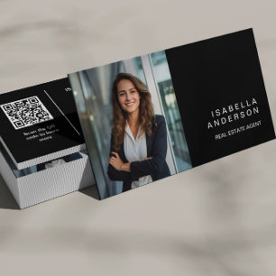 Carte De Visite Photo professionnelle Black Modern Real Estate QR