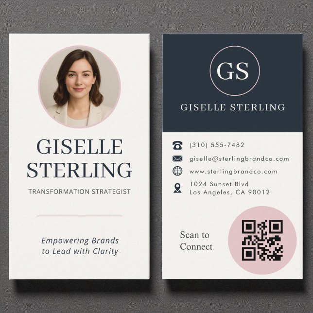 Carte De Visite Photo professionnelle Blush & Navy QR Code Moderne (Créateur téléchargé)