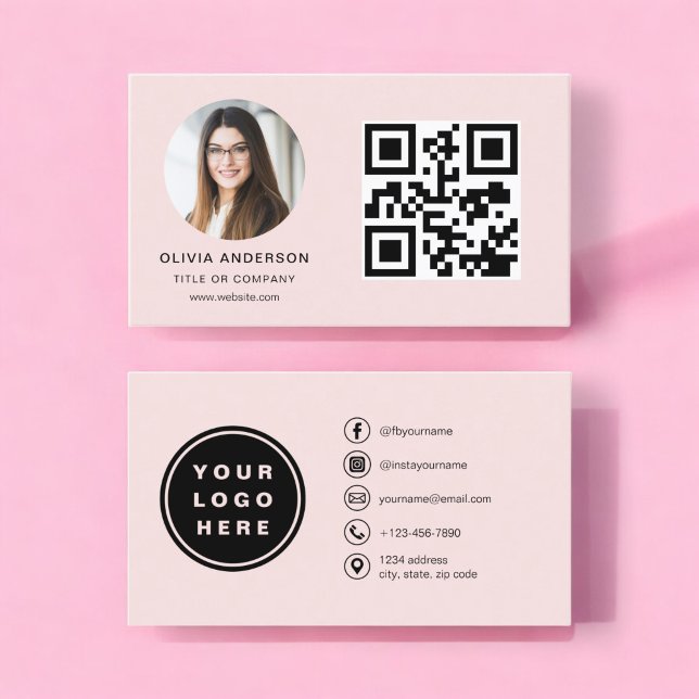 Carte De Visite Photo professionnelle Blush Pink QR Code Médias so (Créateur téléchargé)