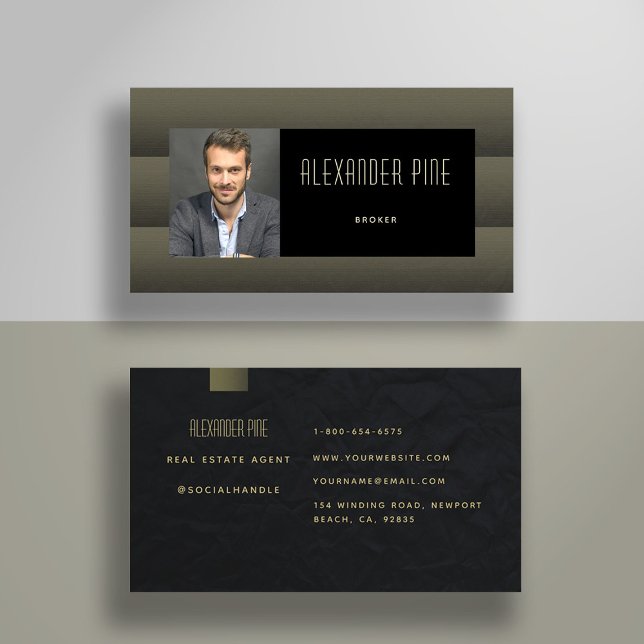 Carte De Visite Photo professionnelle classique simple Noir modern (real estate business card elegant professional modern simple classy photo black gold pattern)