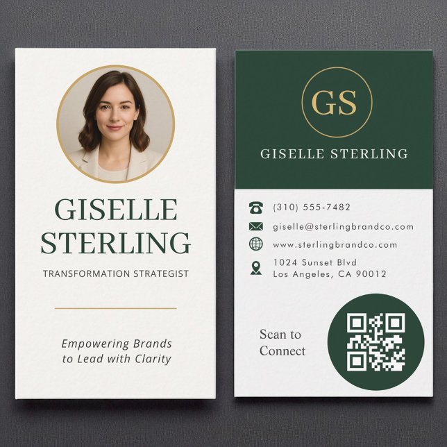 Carte De Visite Photo professionnelle Dark Green Gold Code QR Mode (Créateur téléchargé)