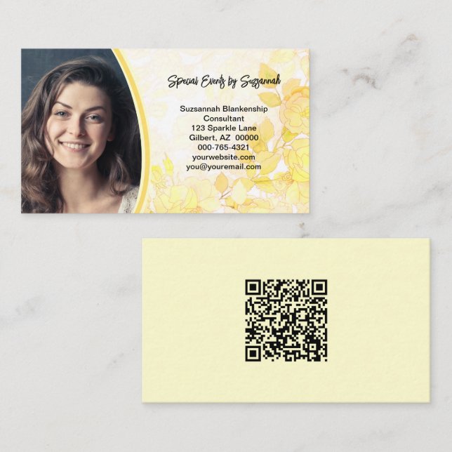 Carte De Visite Photo professionnelle d'art floral jaune avec code (Devant / Derrière)