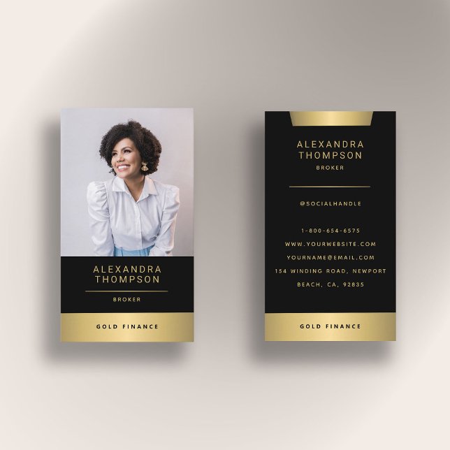 Carte De Visite Photo professionnelle du PDG Elegant Gold Stripe (real estate photo business card black gold elegant simple modern professional broker agent)