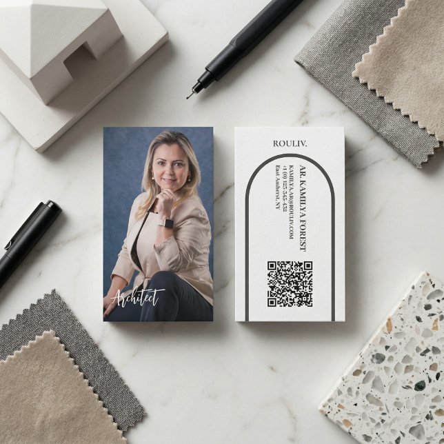 Carte De Visite Photo Professionnelle Moderne | Code QR Arch Minim (Modern Professional Photo Business Card | Minimalist Arch Interior Designer QR Code | ROULIV)