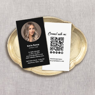 Carte De Visite Photo professionnelle noire Médias sociaux Code QR