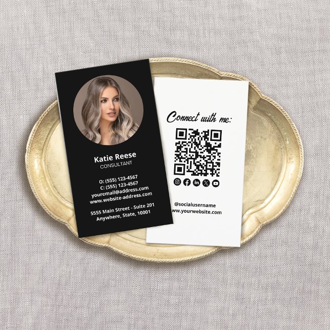 Carte De Visite Photo professionnelle noire Médias sociaux Code QR (Créateur téléchargé)