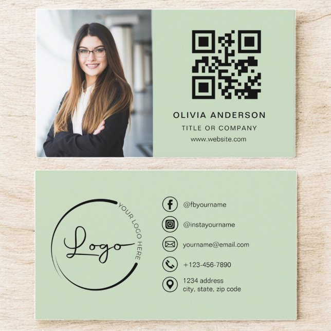 Carte De Visite Photo professionnelle Sage vert QR Code Médias soc (Créateur téléchargé)