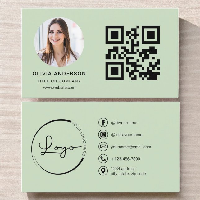 Carte De Visite Photo professionnelle Sage vert QR Code Médias soc (Créateur téléchargé)