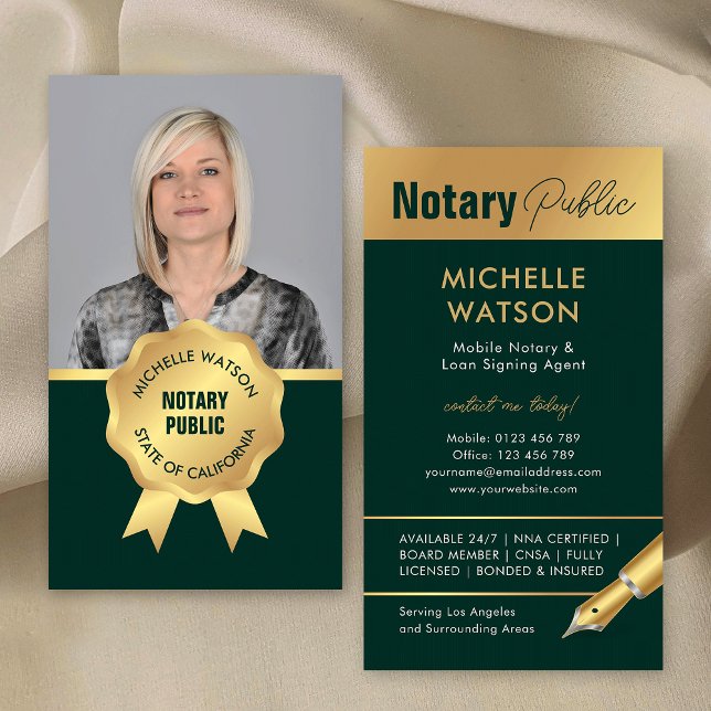 Carte De Visite Photo Publique Notaire Moderne Vert & Or (Professional notary loan signing agent business cards in emerald green and gold)