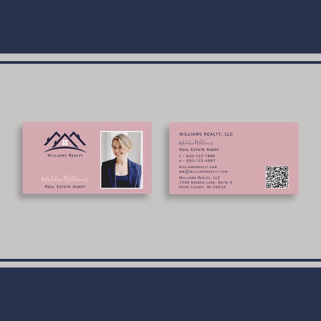 Carte De Visite Photo QR Code Blush Pink Real Estate Agent Busine (Créateur téléchargé)