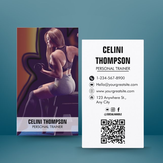 Carte De Visite Photo QR Code de fitness du formateur personnel mo (Modern Personal Trainer Fitness Photo QR Code Business Card)