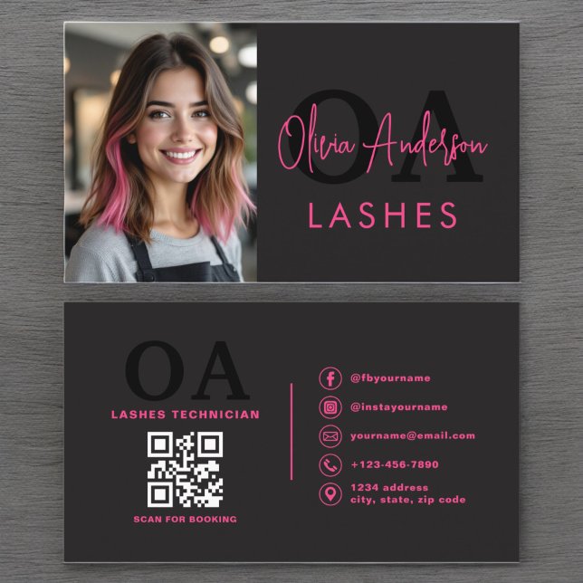 Carte De Visite Photo QR Code Eye Lashes Technicien Hot Pink Black (Créateur téléchargé)